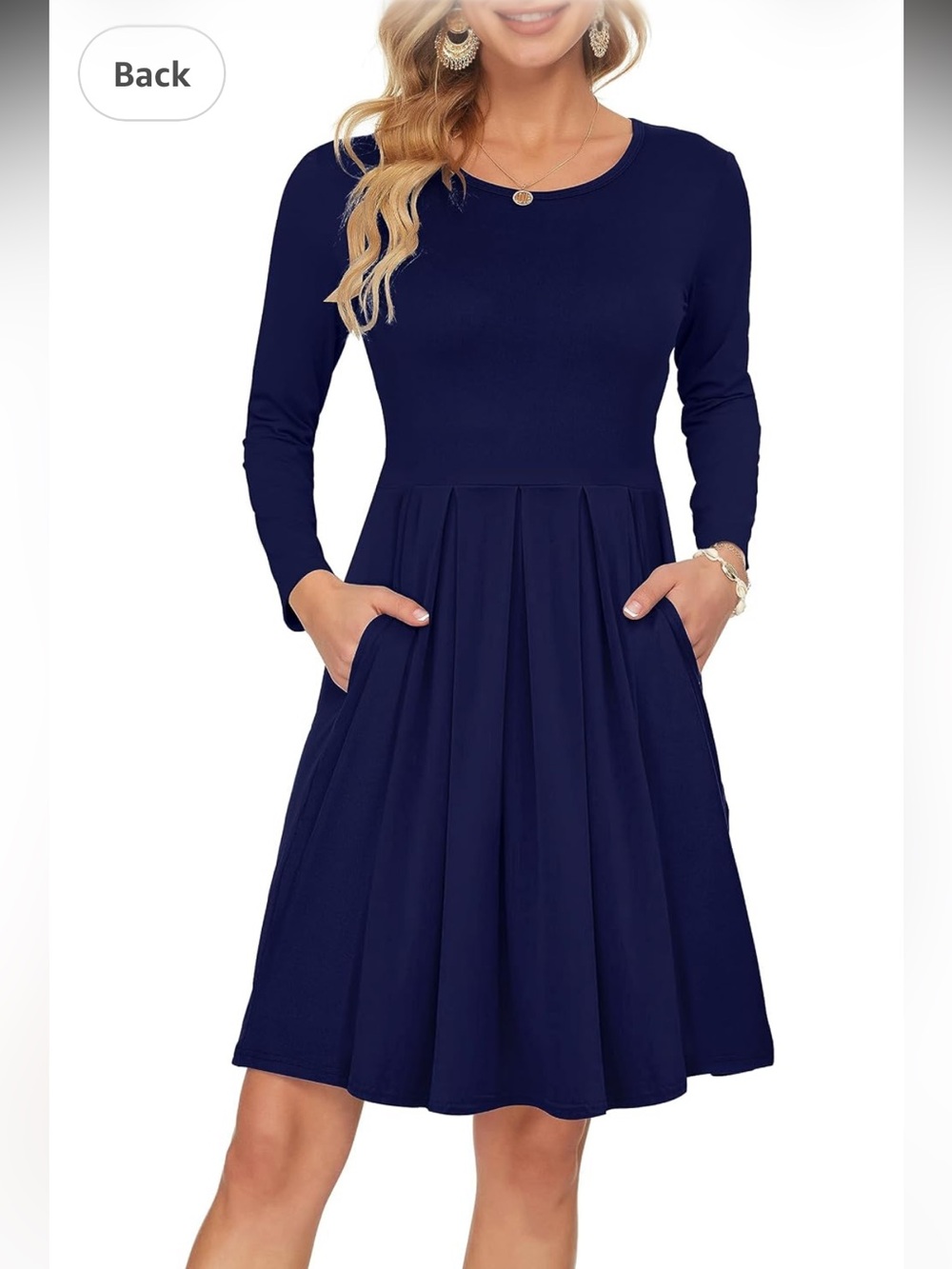 NWT Women's Long-Sleeve Navy Pleated A-Line Dress- size medium